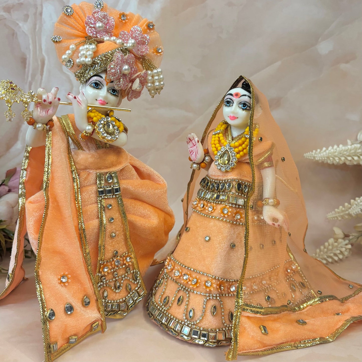 Peach Royale Velvet Radha Krishna Dress