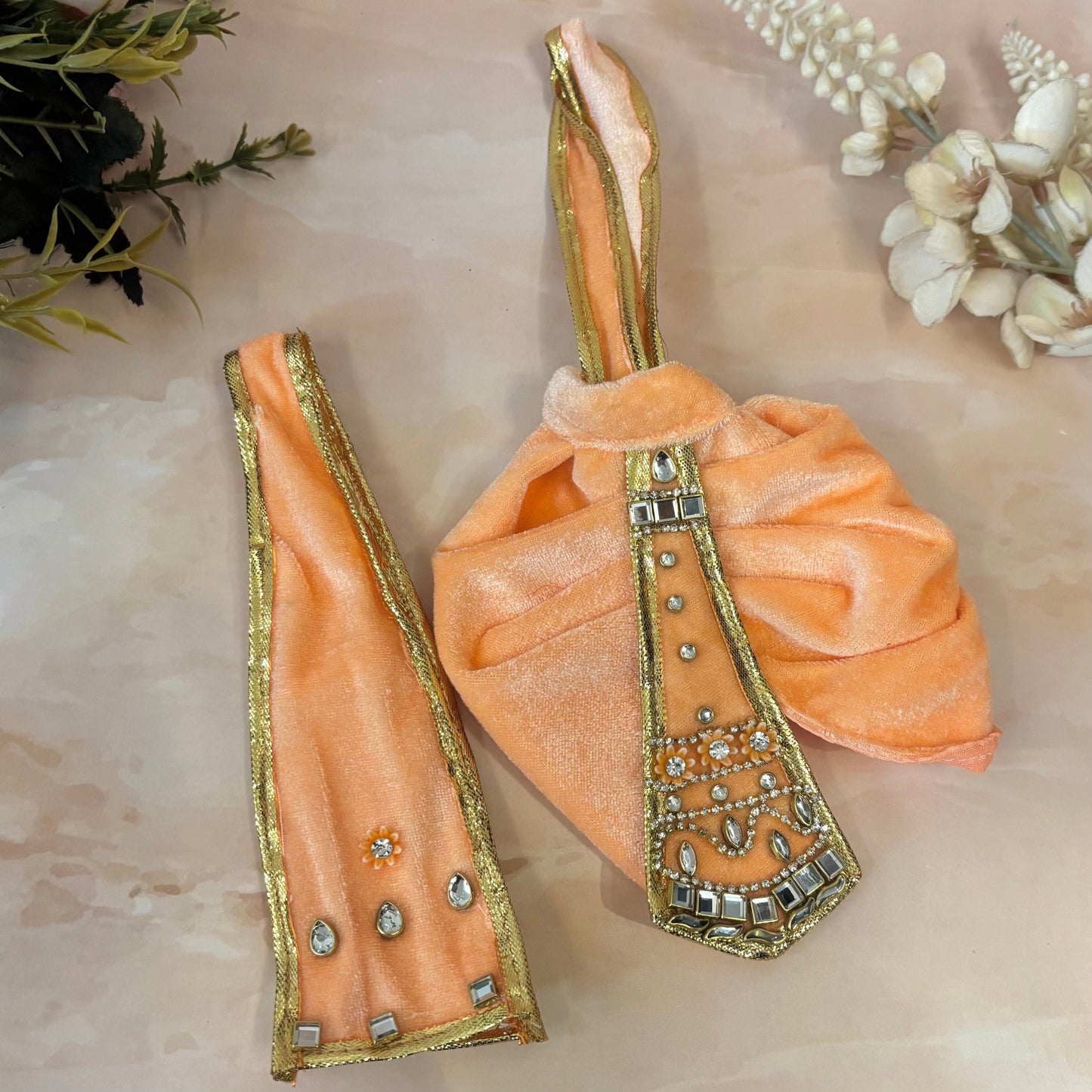 Peach Royale Velvet Radha Krishna Dress