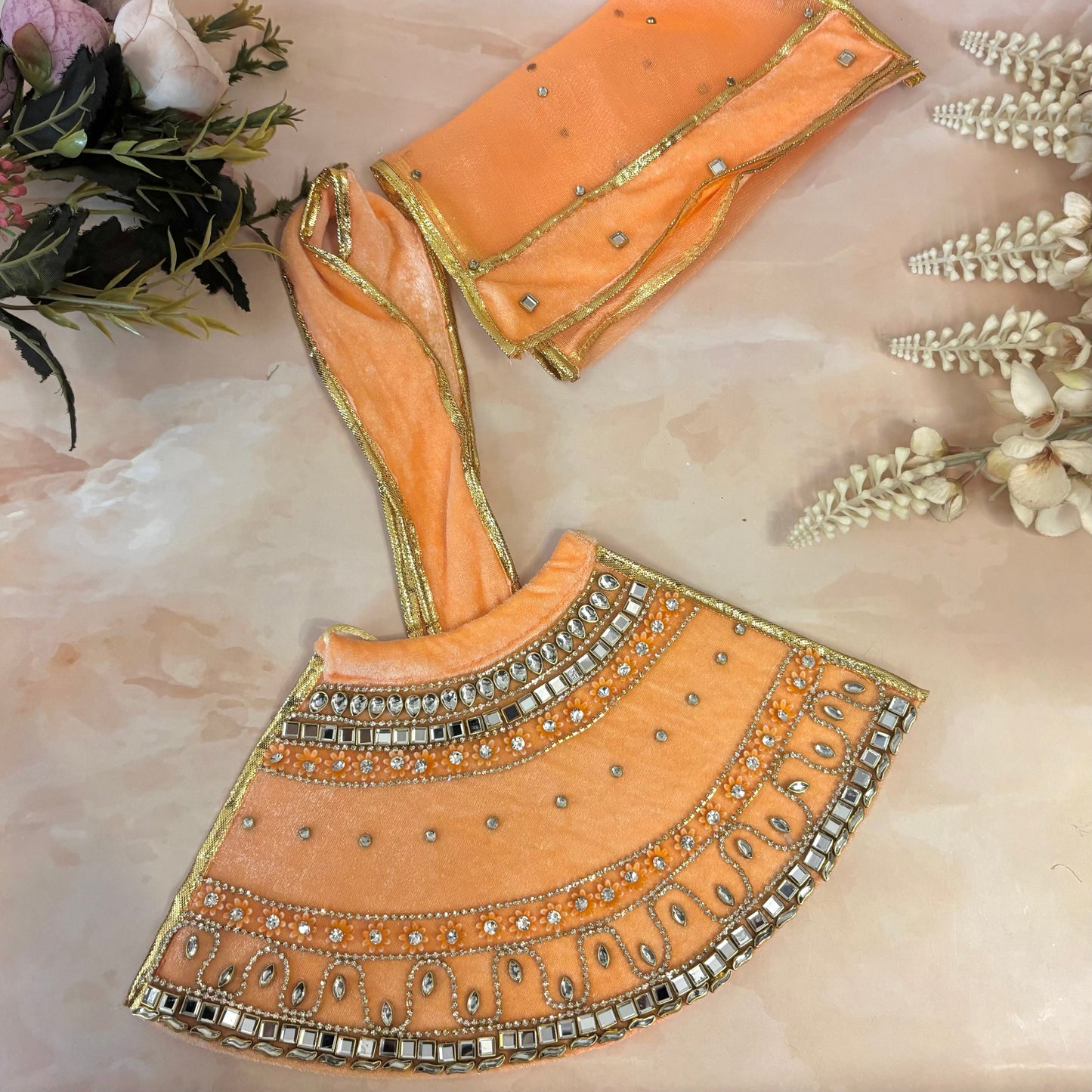 Peach Royale Velvet Radha Krishna Dress