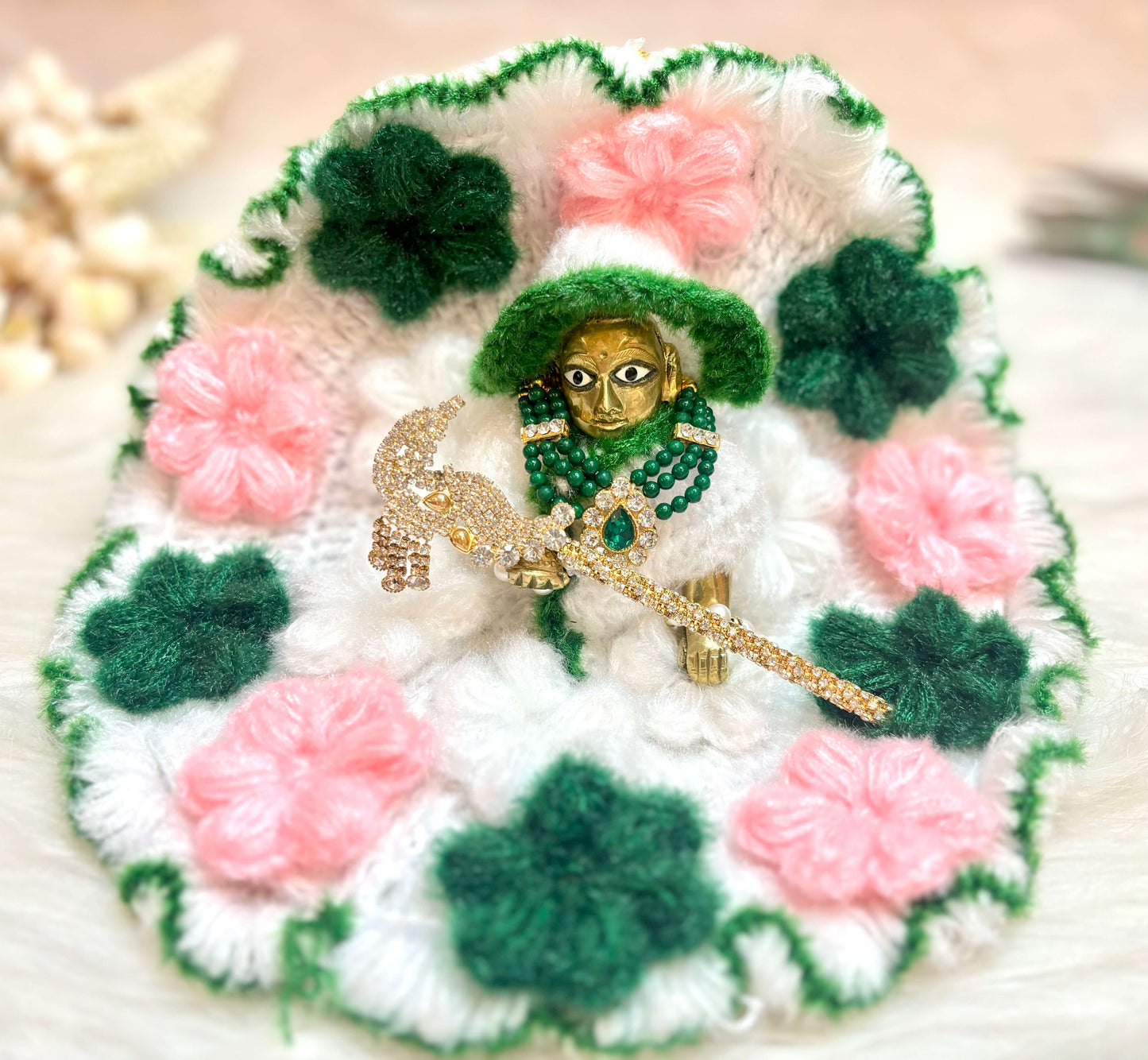 Green & Pink Flower Woollen Laddu Gopal Dress with Woollen Cap
