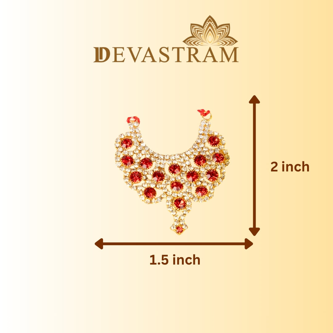 Laddo Gopal necklace with dimensions on a beige background, featuring the red stones.