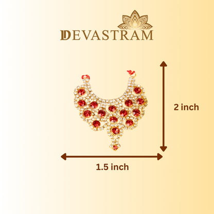 Laddo Gopal necklace with dimensions on a beige background, featuring the red stones.