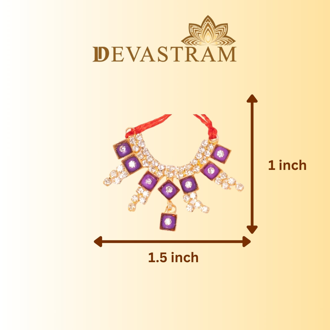 Laddu Gopal with dimensions labeled on a beige background, featuring the Purple Stone Necklace