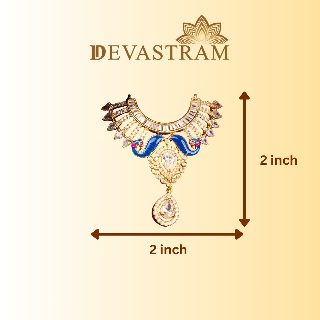 Jewelry necklace with measurement details on a beige background, featuring peacock style Laddu Gopal Necklace