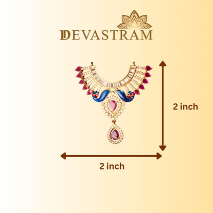 Decorative necklace with measurements on a beige background, featuring the red stone and peacock style necklace 