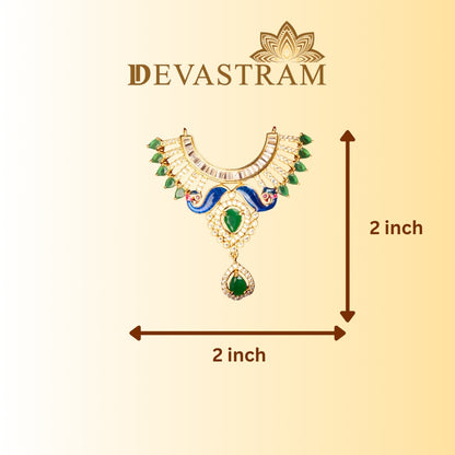 Jewelry necklace with measurements on a beige background, featuring the Green Stone and peacock Style Necklace