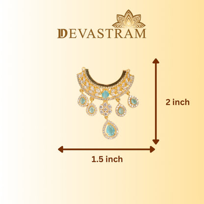 Jewelry set with measurements on a beige background, featuring the light Blue Stone in beautiful design Laddu Gopal Necklace