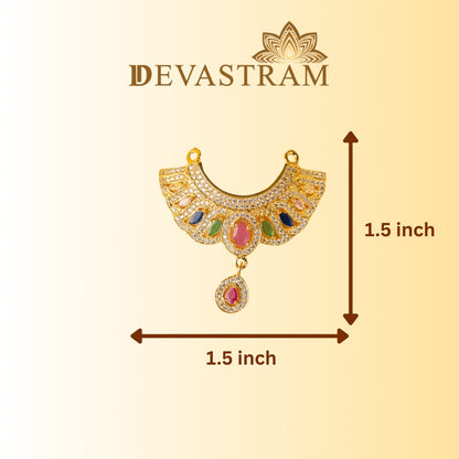 Decorative Laddu Gopal necklace with Multicolour gemstones and measurements on a beige background 