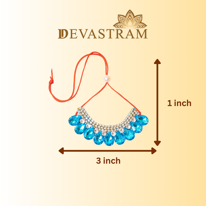 Necklace with blue beads and silver accents, shown with measurements 
