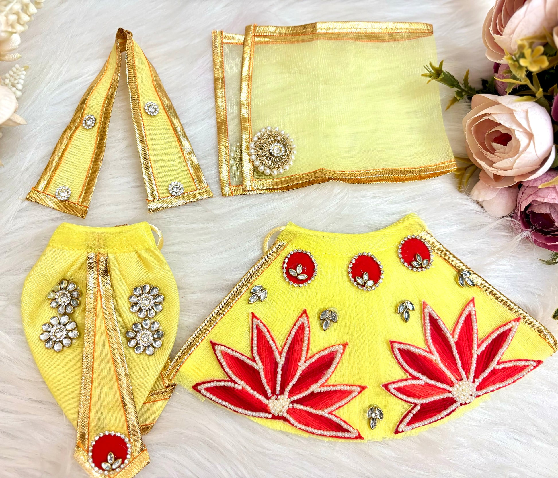 Laxmi ji & Ganesh ji Set Lime Lotus Lehenga & Dhoti - 6 piece set