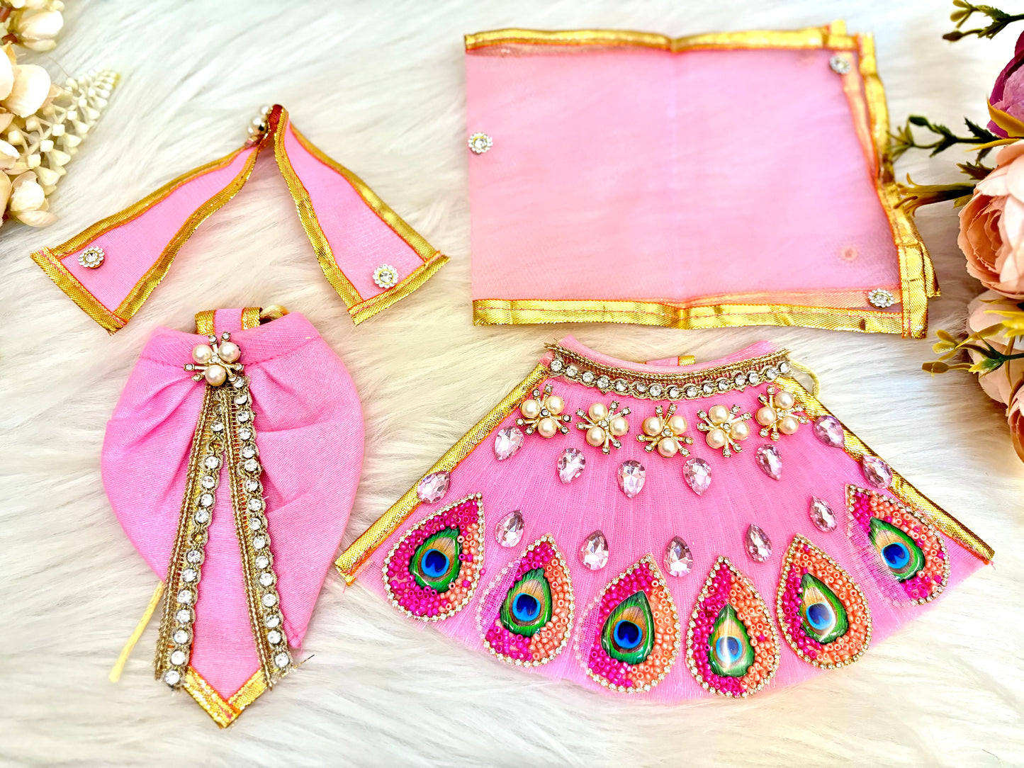 Laxmi ji & Ganesh ji Set Pink Lehenga & Dhoti - 6 piece set