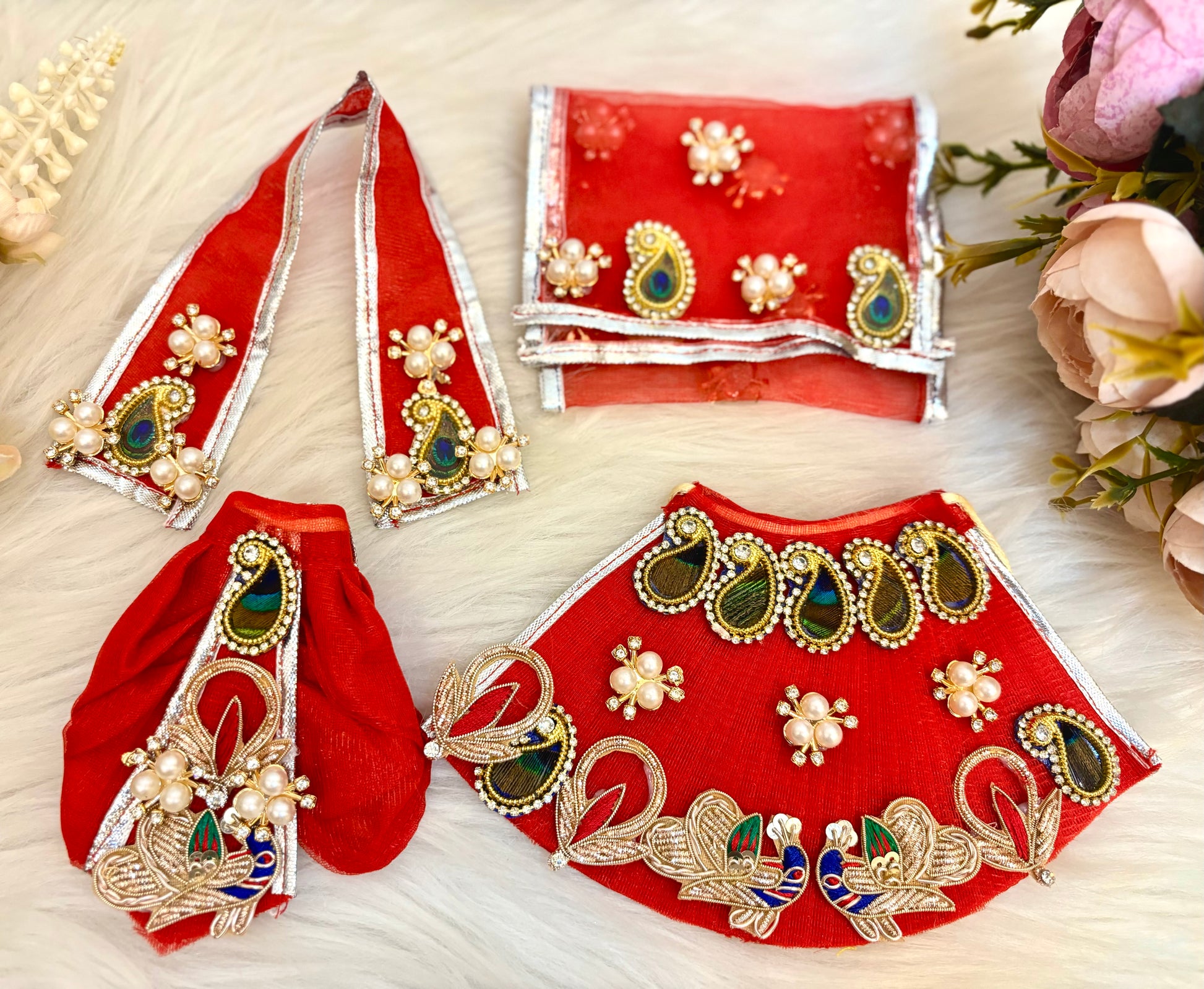 Laxmi ji & Ganesh ji Set Red Peacock Lehenga & Dhoti - 7 piece set