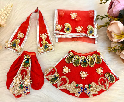 Laxmi ji & Ganesh ji Set Red Peacock Lehenga & Dhoti - 7 piece set