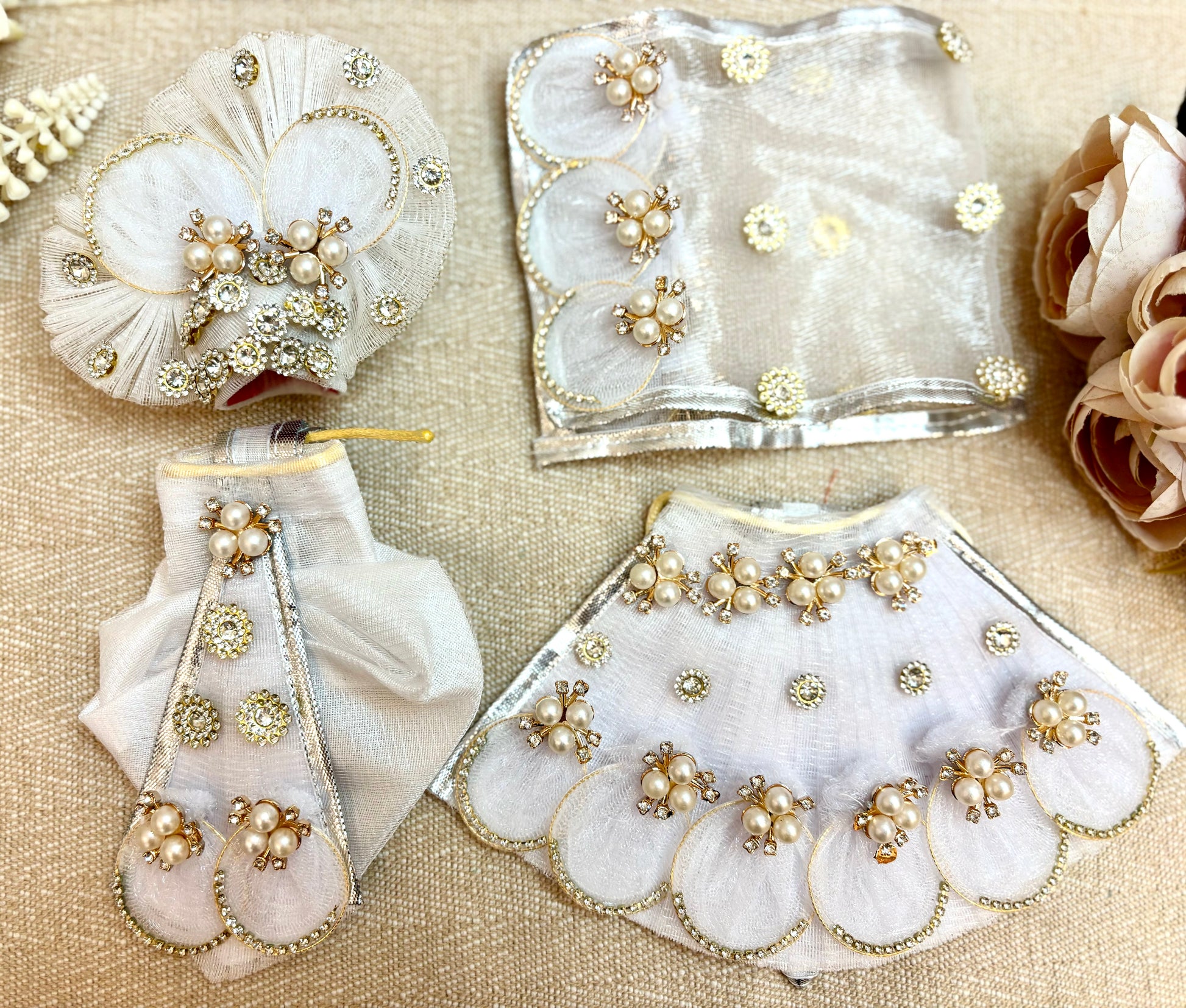 Laxmi ji & Ganesh ji Set Sparkling White Lehenga & Dhoti - 7 piece set