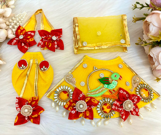 Laxmi ji & Ganesh ji Set Yellow Parrot Lehenga & Dhoti - 6 piece set