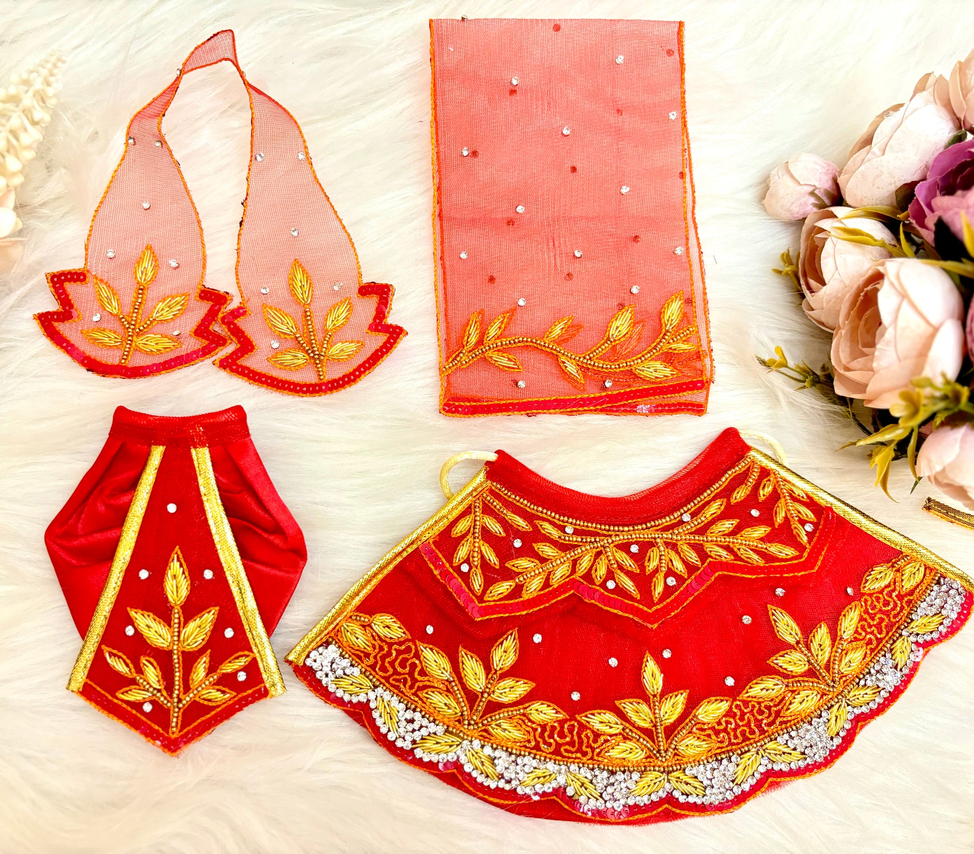 Luxe - RK / Yugal Sarkar/ Laxmi ji & Ganesh ji Set Golden Red Leaf Lehenga & Dhoti - 6 piece set