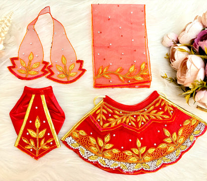 Luxe - RK / Yugal Sarkar/ Laxmi ji & Ganesh ji Set Golden Red Leaf Lehenga & Dhoti - 6 piece set