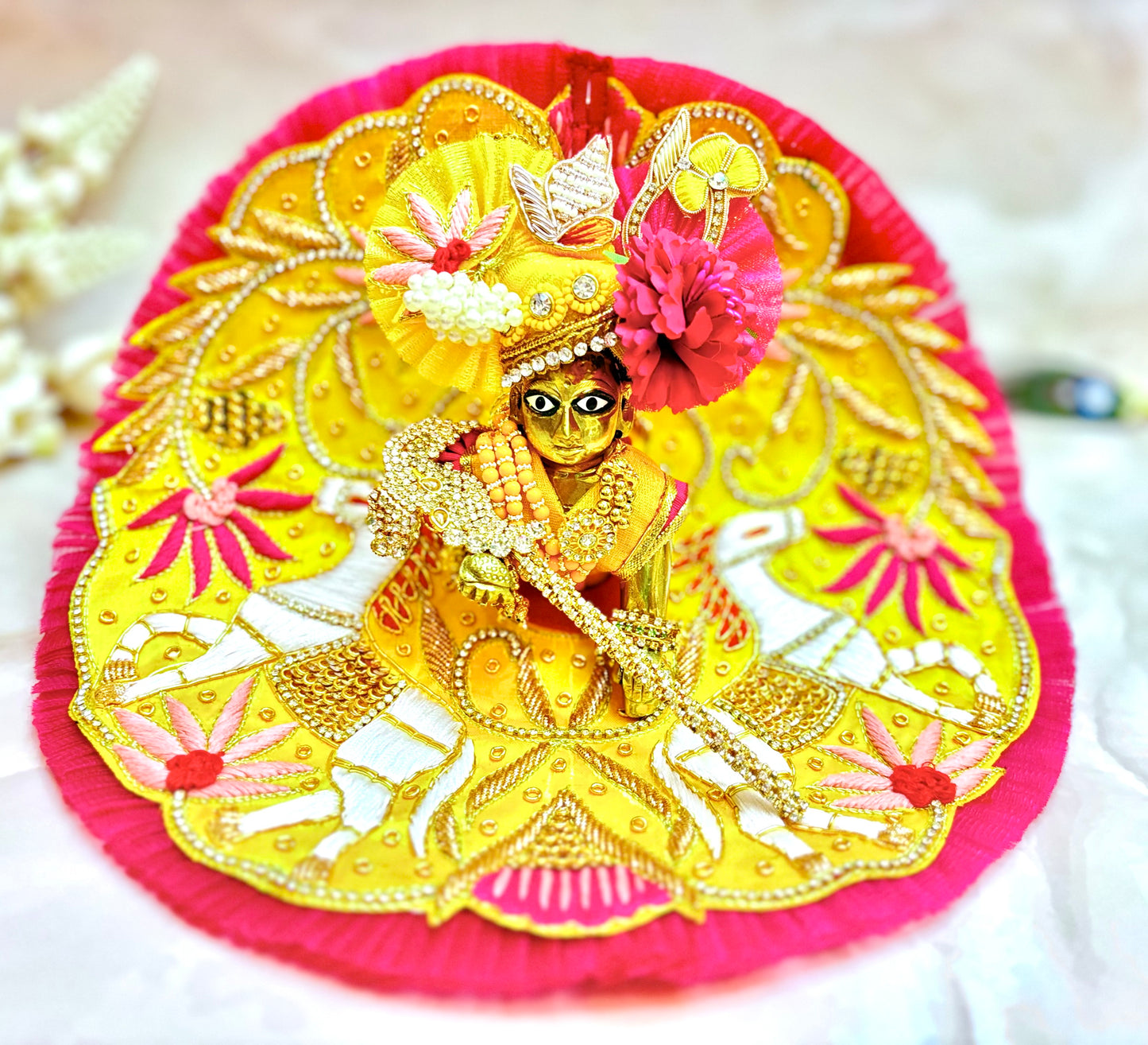 Luxe Yellow & Pink Hand embroidered Laddu Gopal Dress (4 piece set)