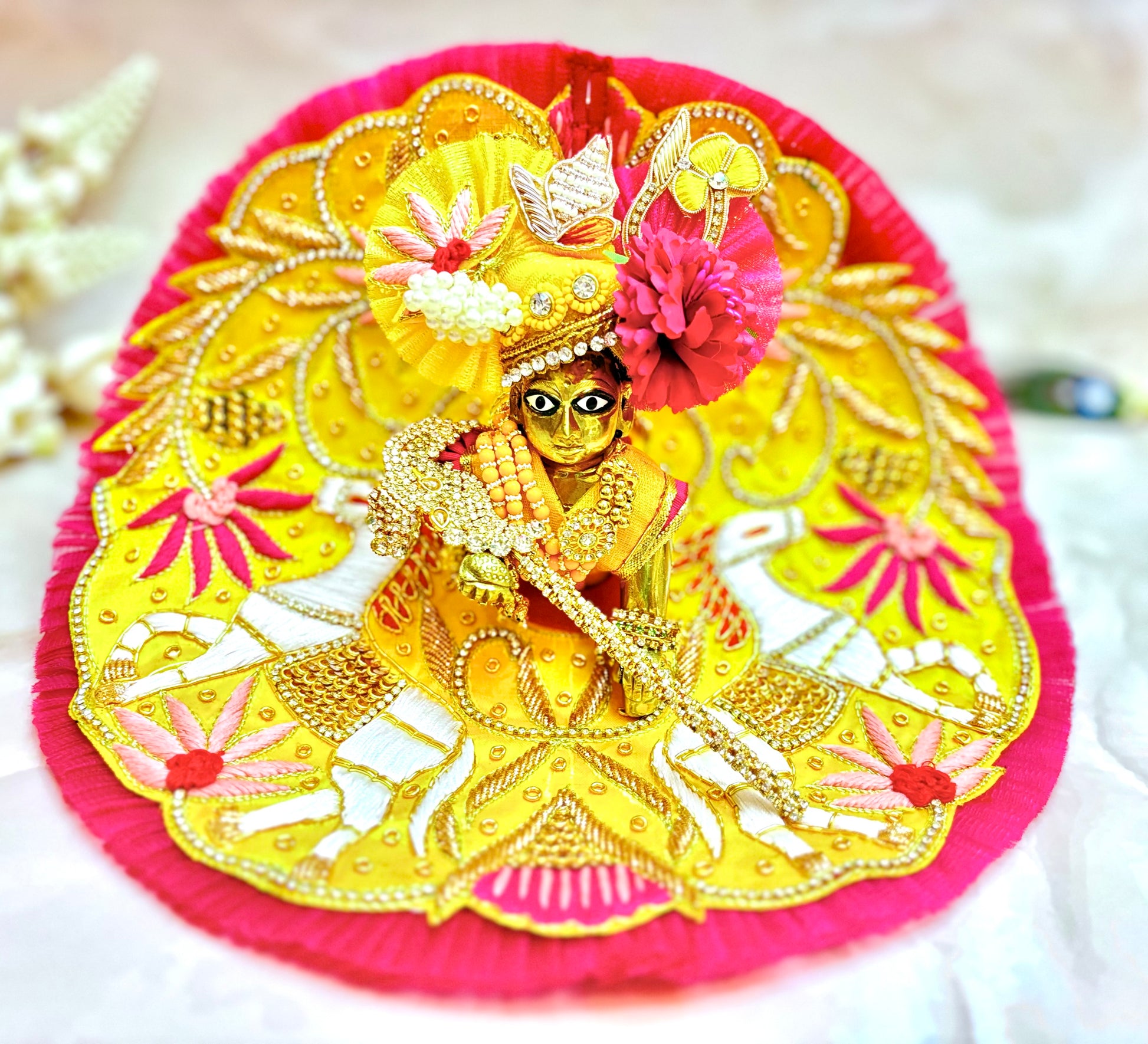 Luxe Yellow & Pink Hand embroidered Laddu Gopal Dress (4 piece set)