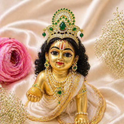 Maharaja Emerald Mukut for Laddu Gopal with green stones and golden finish