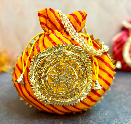 Mustard Yellow Kota Doriya Potli with Pearl Handle