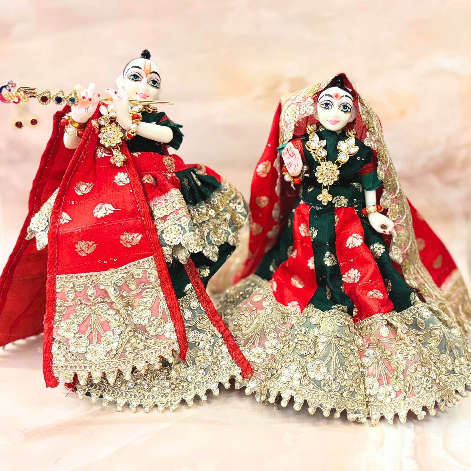 Swarna Shringar Radha Krishna Dress Set Red & Green