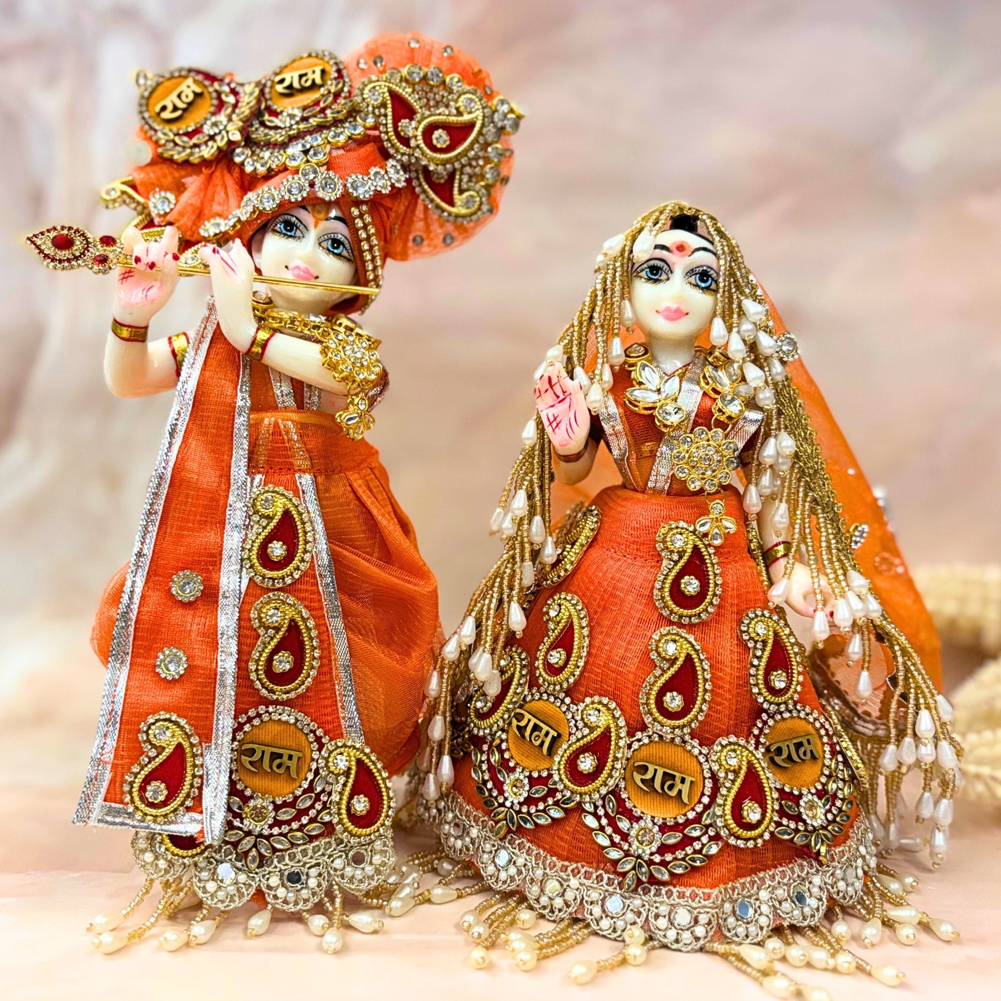 Ramroop Radha Krishna Dress Set Orange Embroidered Attire with Motifs | Devastram Ramroop Radha Krishna Dress Set Orange Embroidered Attire with Motifs | Devastram