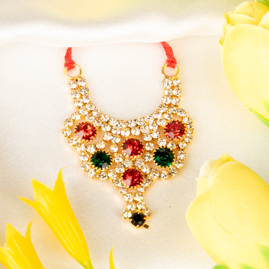 Decorative Laddu Gopal Necklace with colorful gemstones on a floral background