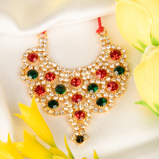 Laddu Gopal necklace with colorful stones on a white fabric background with yellow flowers.