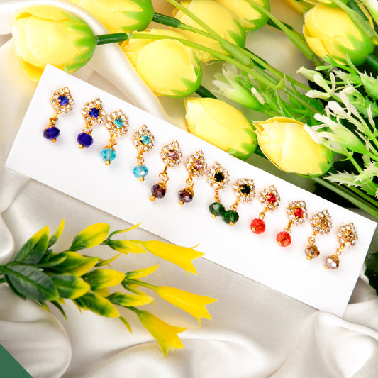 Saumya Jyoti divine earring set with gold-tone crystals and multicolor bead drops for Laddu Gopal, Radha Krishna and Mata Rani (pack of 6)