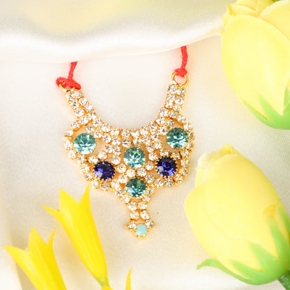 Blue and Light Blue necklace with colorful stones on a yellow fabric background