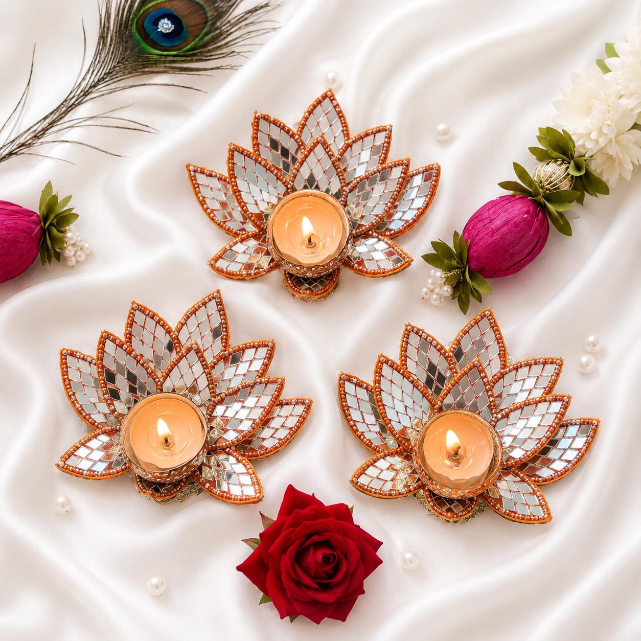 Sparkling Orange Lotus Mirror Tealight Holders (Pack of 4)