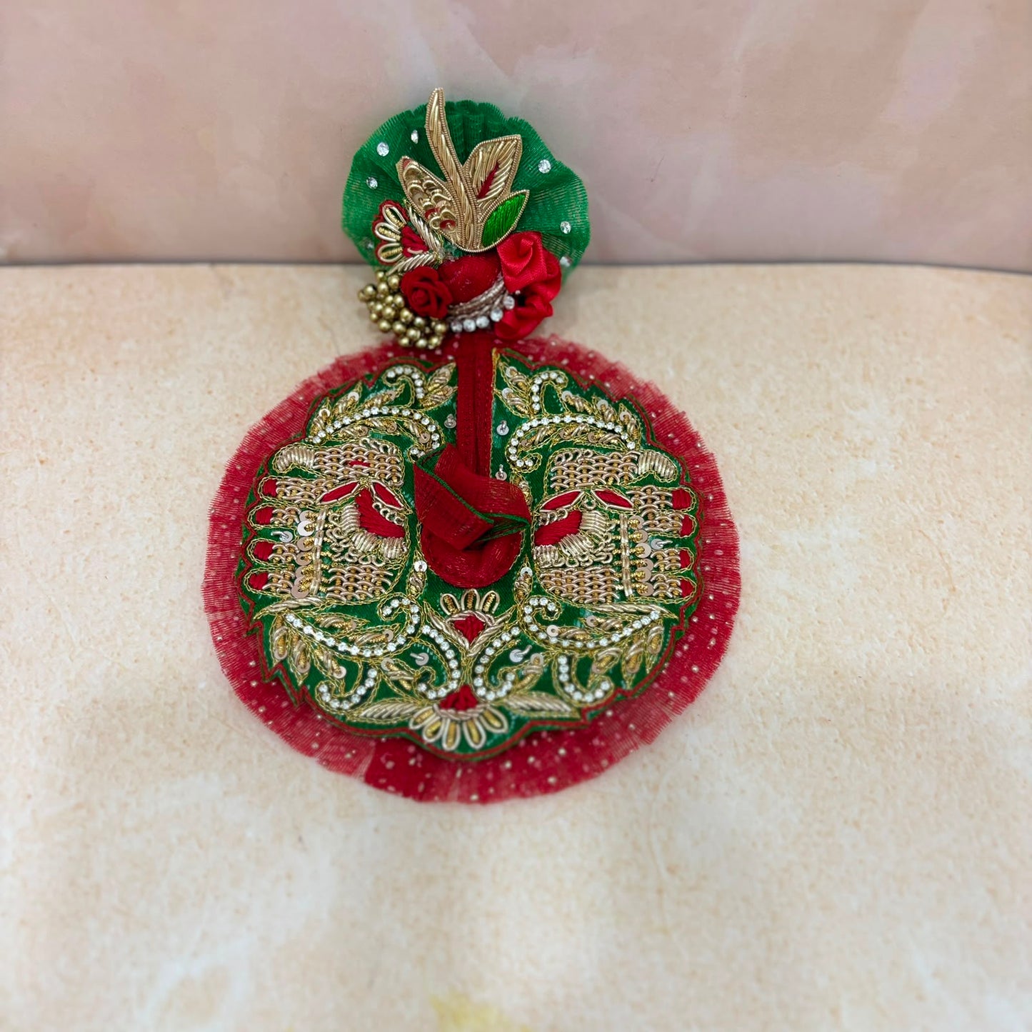 Luxe Green & Red Hand embroidered Laddu Gopal Dress (4 piece set)