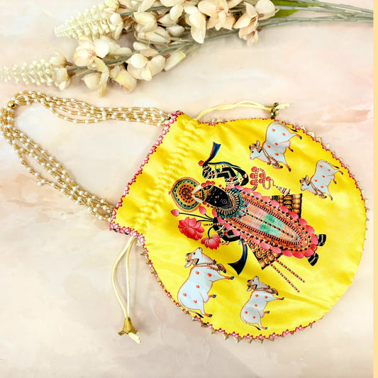 Yellow Premium Cow Shreenath Ji Potli with Pearl Handle