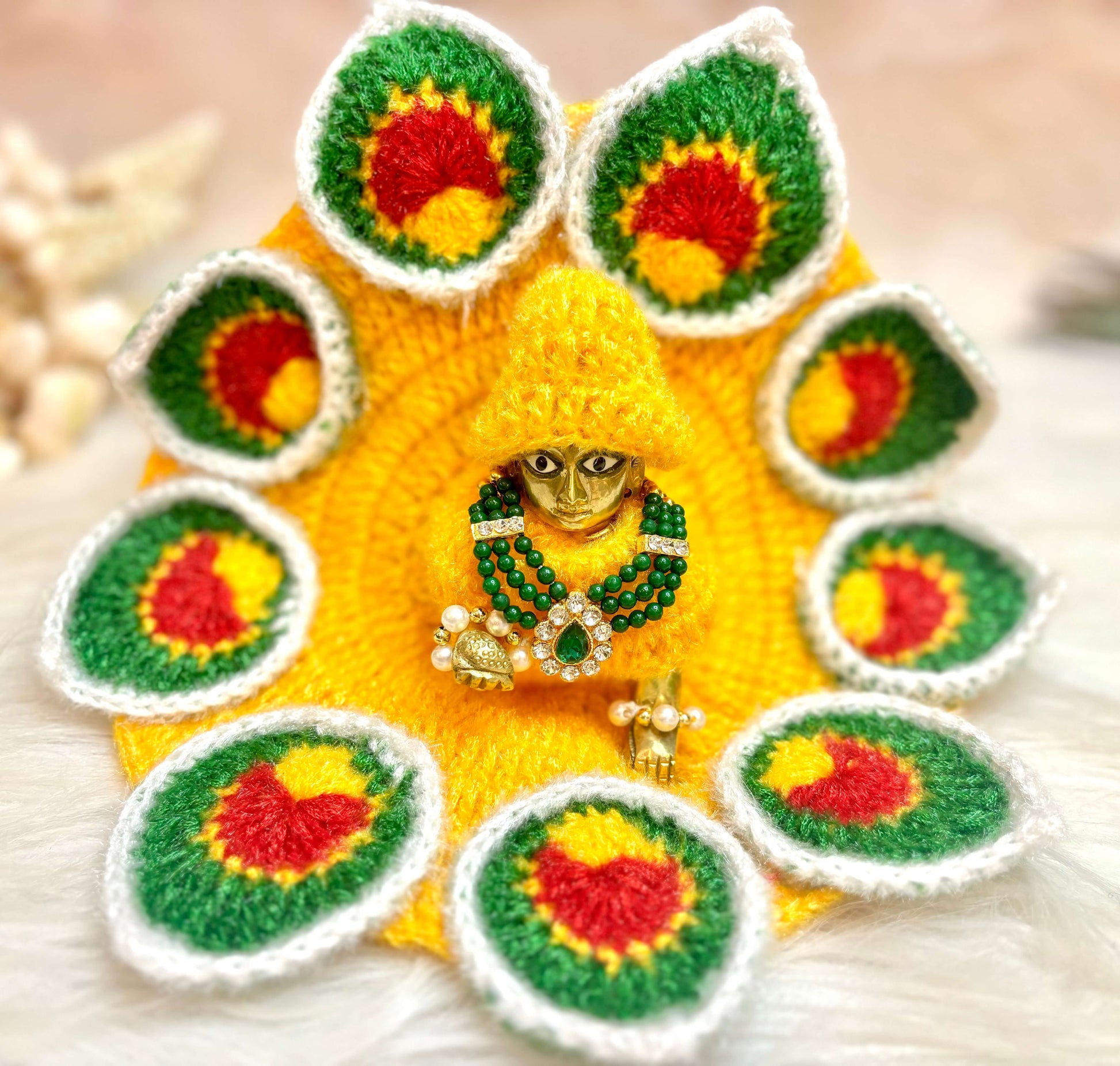 Yellow Green Leaves Woollen Laddu Gopal Dress with Woollen Cap