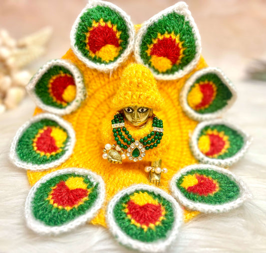 Yellow Green Leaves Woollen Laddu Gopal Dress with Woollen Cap