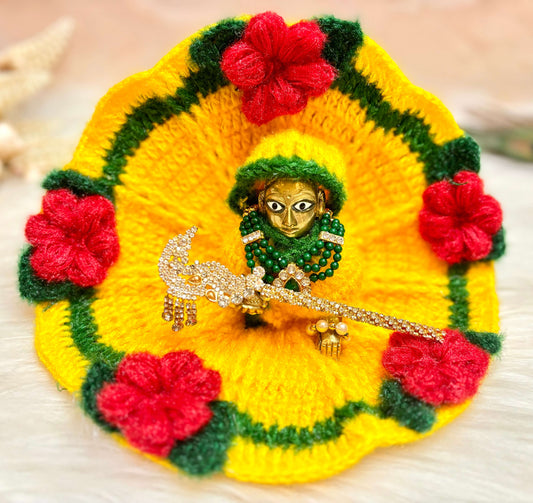 Yellow Green with Red Flower Woollen Laddu Gopal Dress with Woollen Cap