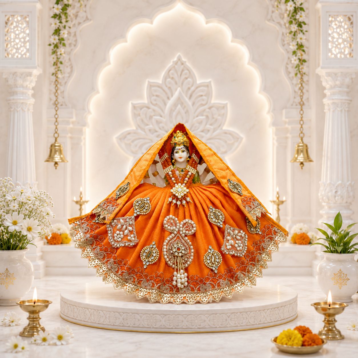 Decorative statue in an ornate setting with flowers and candles